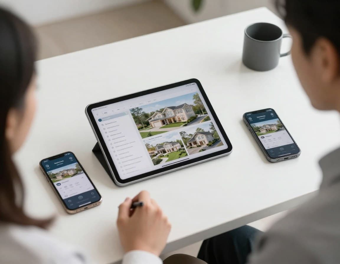 Moderner Makler-Arbeitsplatz mit KI-gestützten Immobilien-Tools auf Tablet und Smartphone