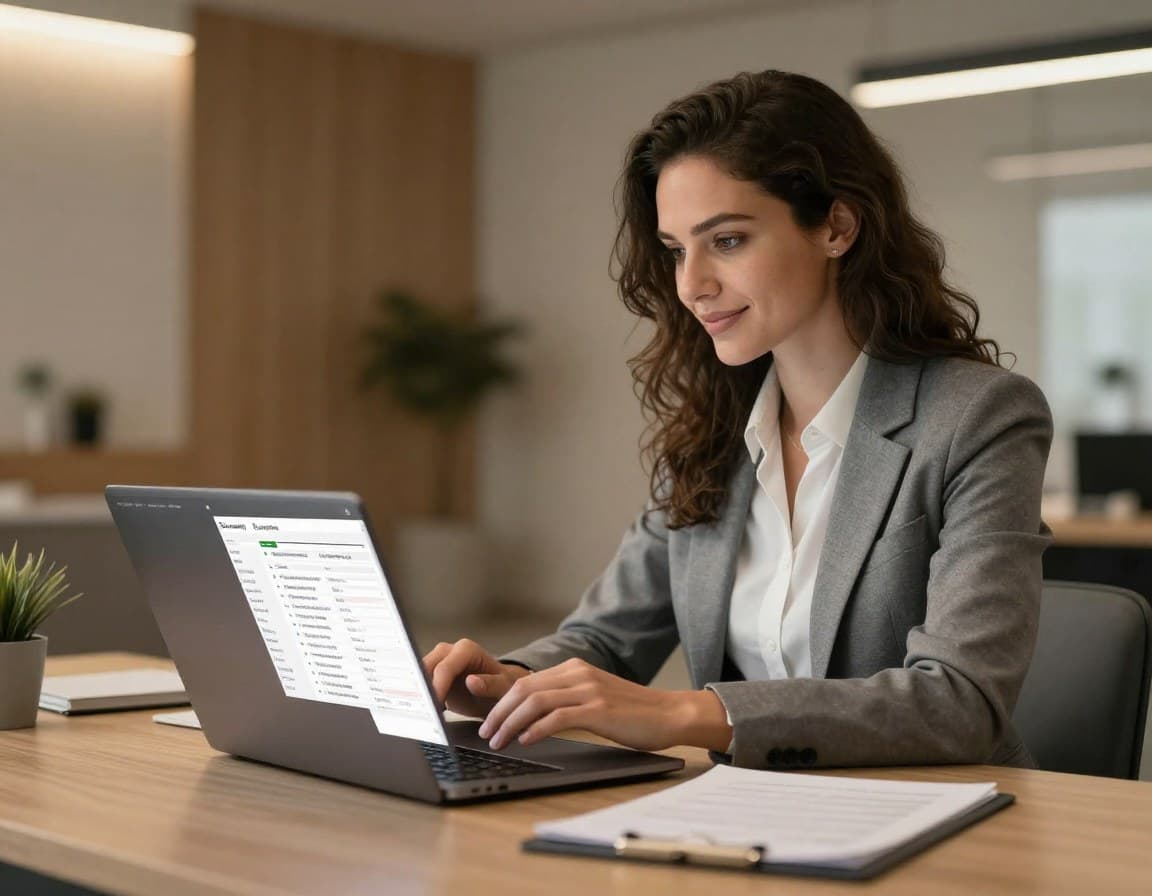 Immobilienmakler arbeitet mit KI-gestützten Tools am modernen Arbeitsplatz