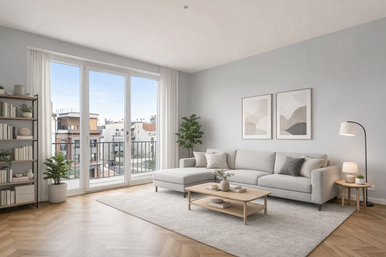 KI Immobilienvideo — virtuell eingerichtetes Wohnzimmer bereit für Video-Generierung