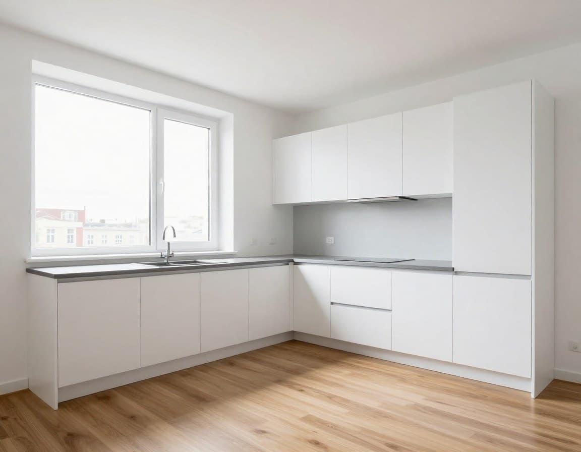 KI Immobilienvideo Basis — leere Küche vor dem virtuellen Staging in einer europäischen Wohnung