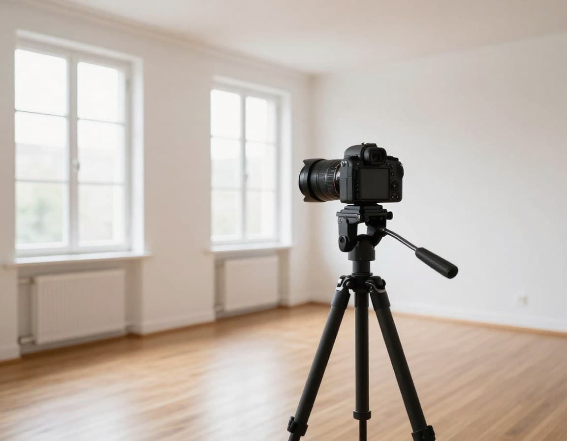 Spiegellose Kamera auf Stativ in einer hellen, leeren Wohnung