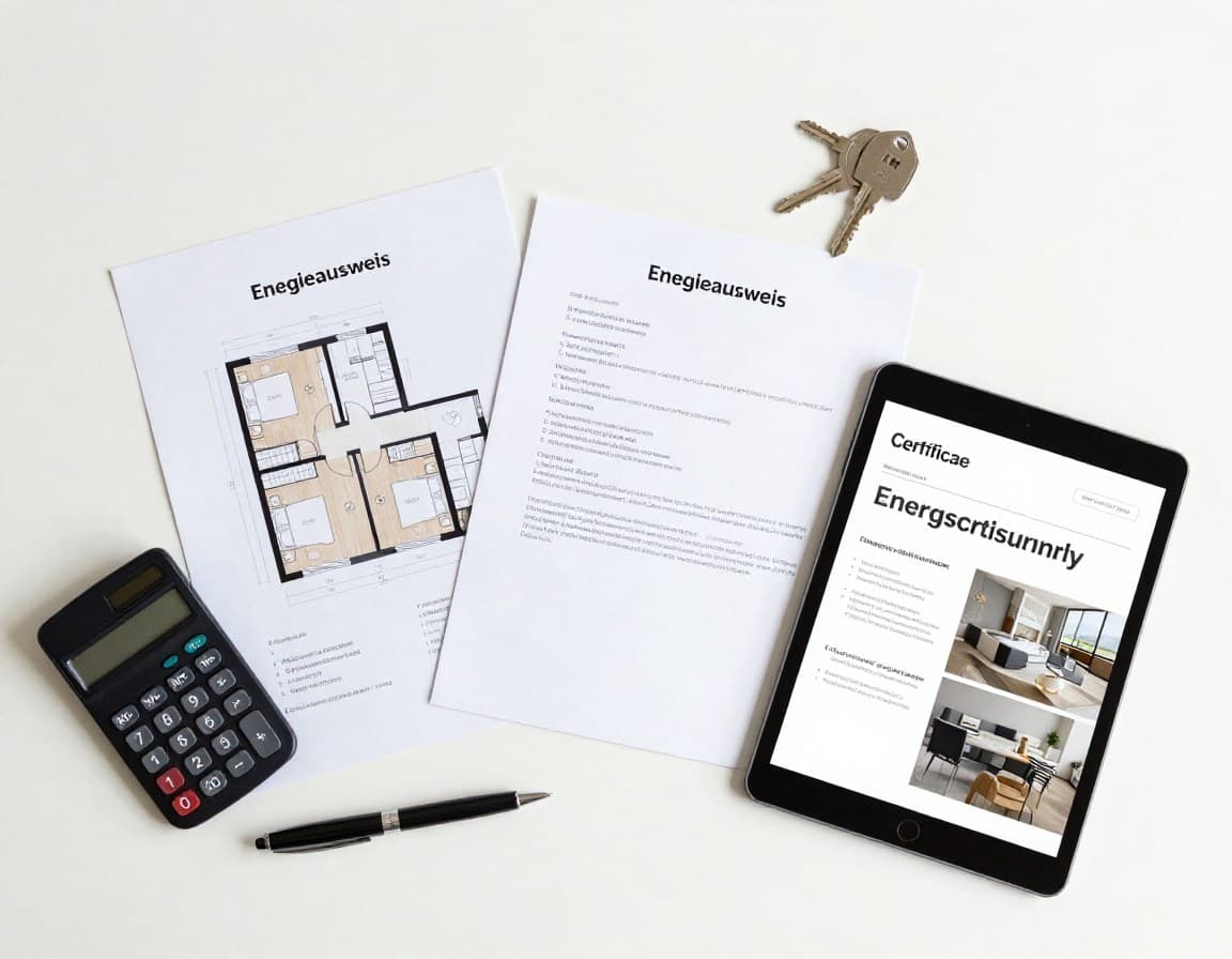 Privatverkauf Unterlagen — Grundbuchauszug, Energieausweis, Grundriss und Exposé auf dem Schreibtisch
