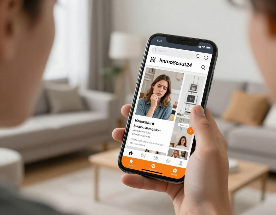 Privatverkäufer scrollt frustriert durch ein Immobilieninserat ohne Anfragen auf dem Smartphone