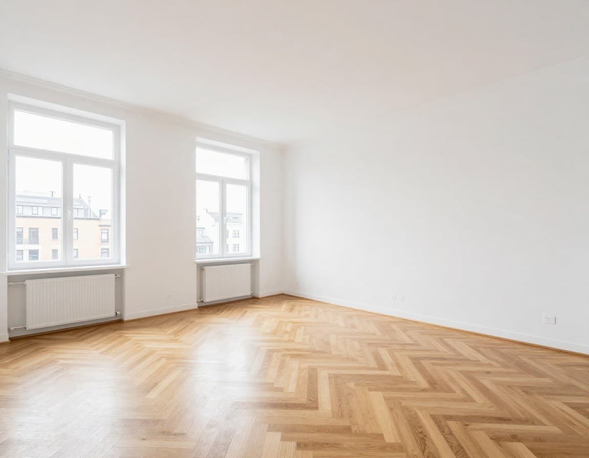 Maklerprovision sparen — leeres Wohnzimmer vor virtuellem Staging für Privatverkauf