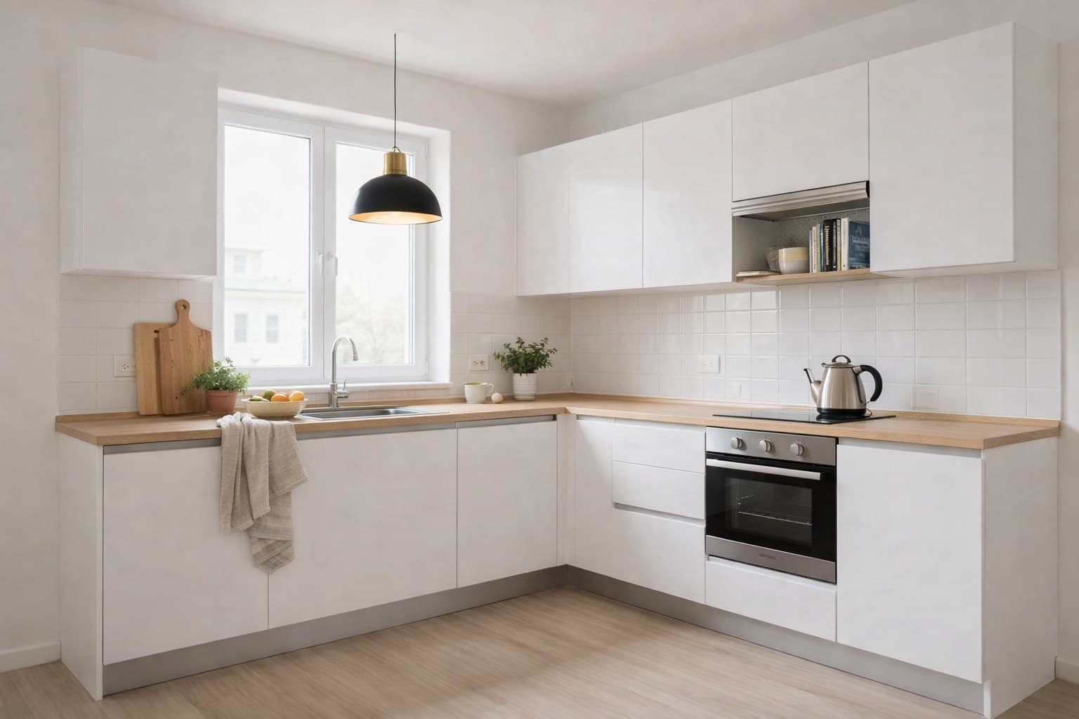 Küche Virtual Staging Vorher Nachher — leere Küche wird verkaufsfertig gestaltet