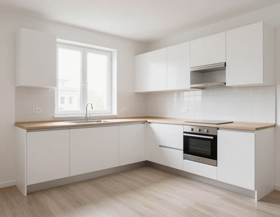 Küche Virtual Staging Vorher Nachher — leere Küche wird verkaufsfertig gestaltet