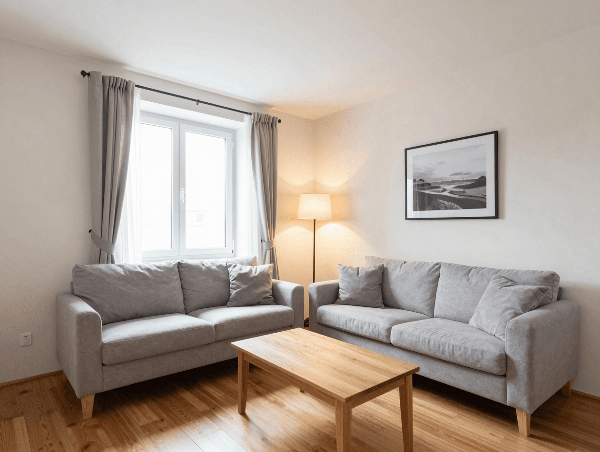 Beispiel für ein optimal vorbereitetes Wohnzimmer-Foto: Tageslicht, alle Lampen an, aufgeräumt, gerade Linien