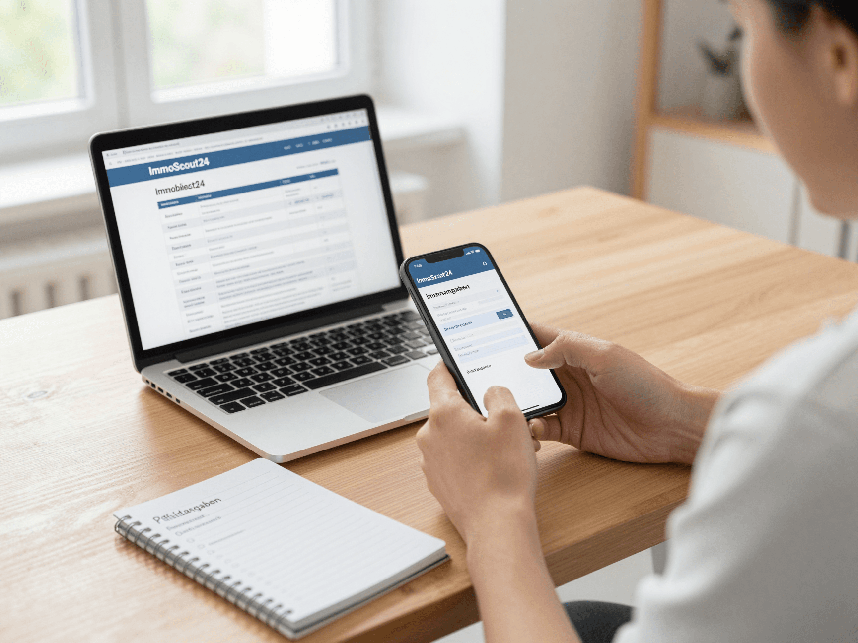 Privatverkäufer erstellt Inserat am Smartphone und Laptop — Notizbuch mit Pflichtangaben-Checkliste