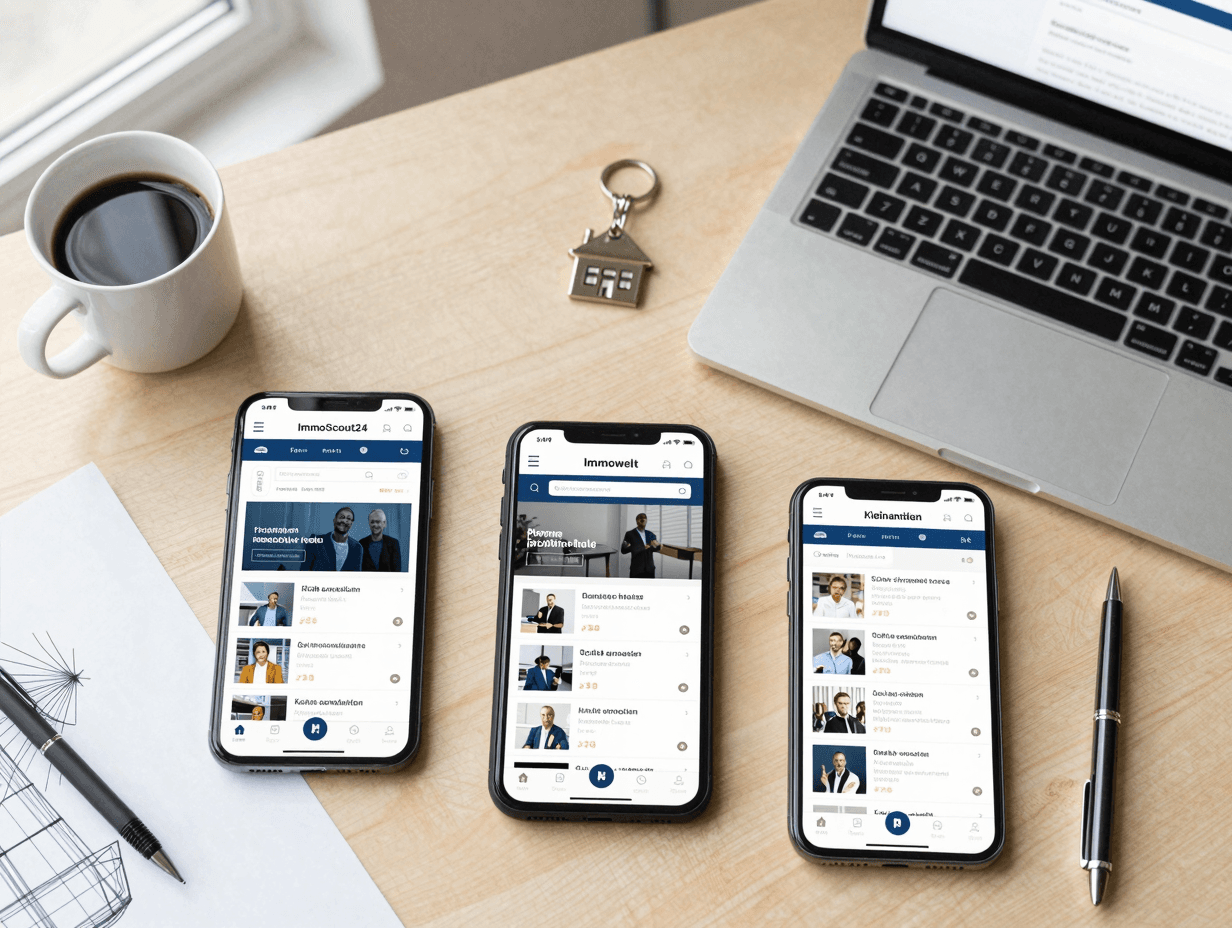 Drei Smartphones und ein Laptop zeigen verschiedene Immobilien-Portale parallel — Vergleich der Plattformen