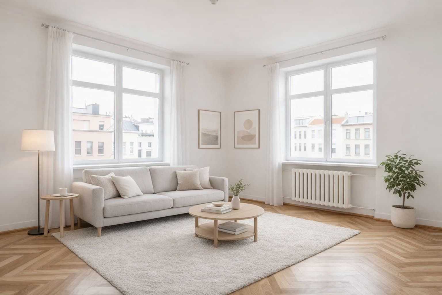Virtual staging before and after comparison — empty European apartment living room furnished with Scandinavian style using AI staging