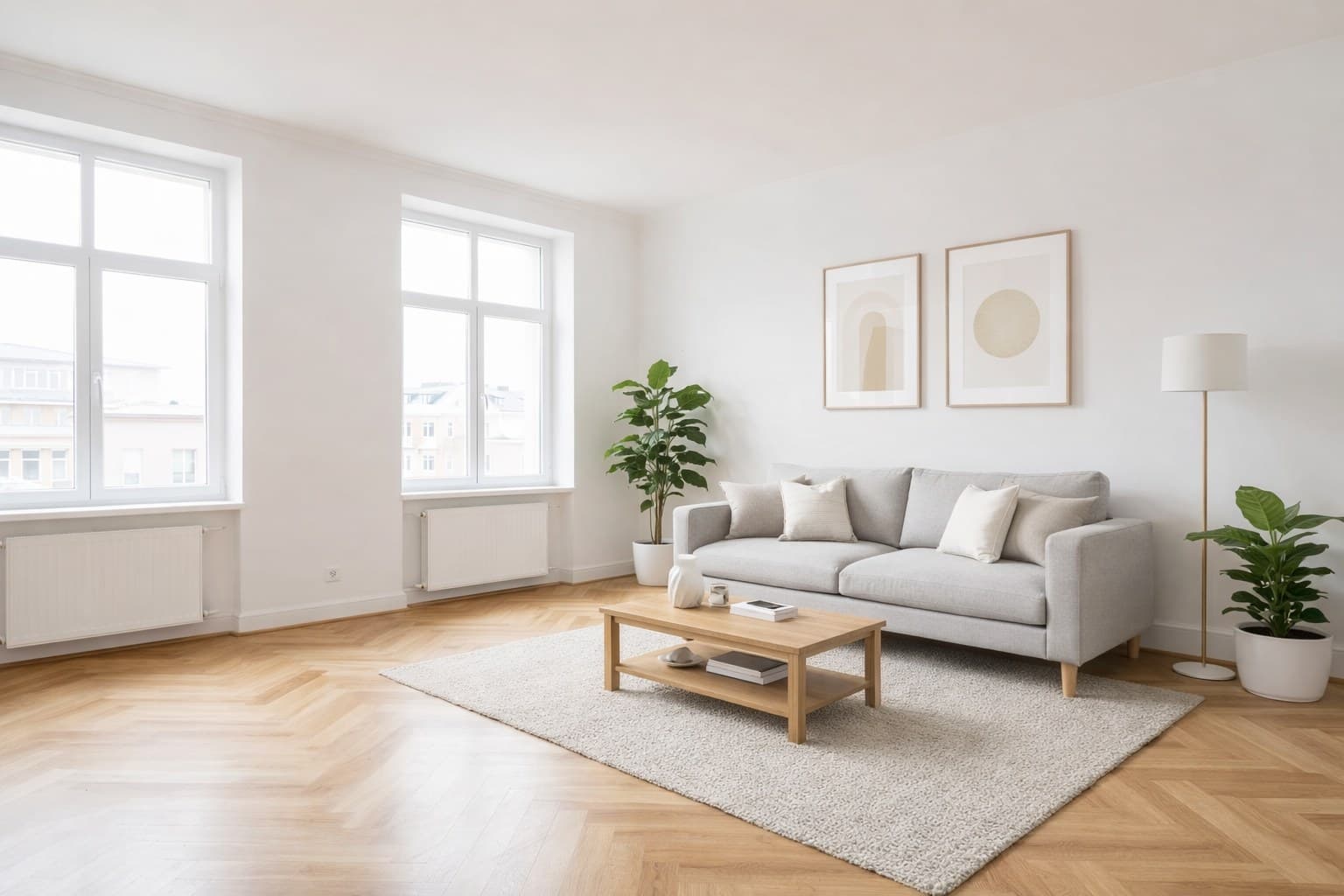 Virtual Staging Vorher-Nachher-Vergleich — leeres Wohnzimmer wird mit KI-Staging in skandinavischem Stil möbliert