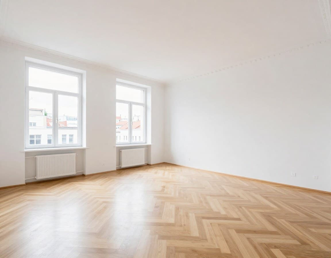 Leerer heller Altbauraum mit hohen Decken und großen Fenstern zeigt Potenzial