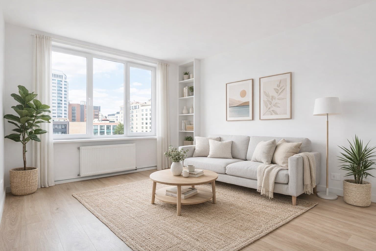 Home Staging mit KI — dasselbe Wohnzimmer nach virtuellem Staging im skandinavischen Stil