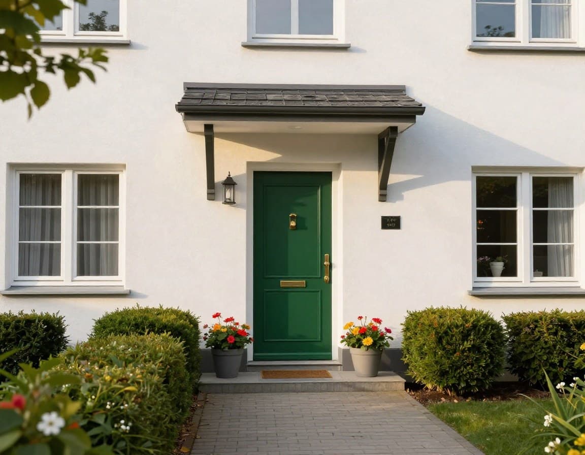 Gepflegter Hauseingang mit frisch gestrichener Tür und Blumentöpfen steigert den ersten Eindruck