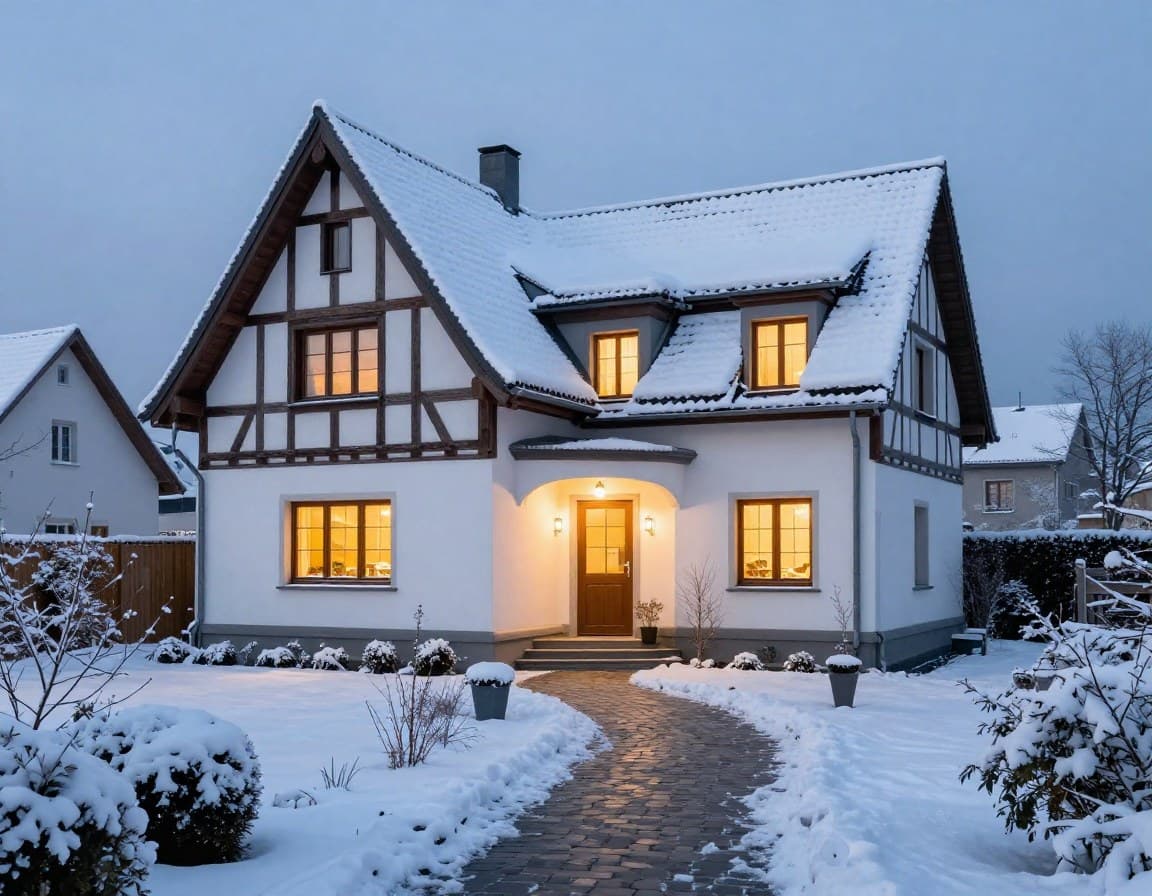 Deutsches Einfamilienhaus im Winter mit Schnee auf dem Dach und warmem Licht in den Fenstern