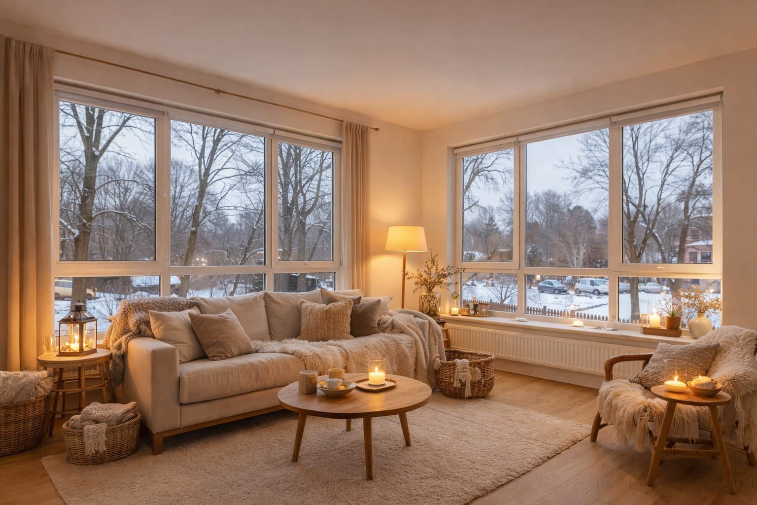 Derselbe Raum nach Virtual Staging mit warmer skandinavischer Einrichtung