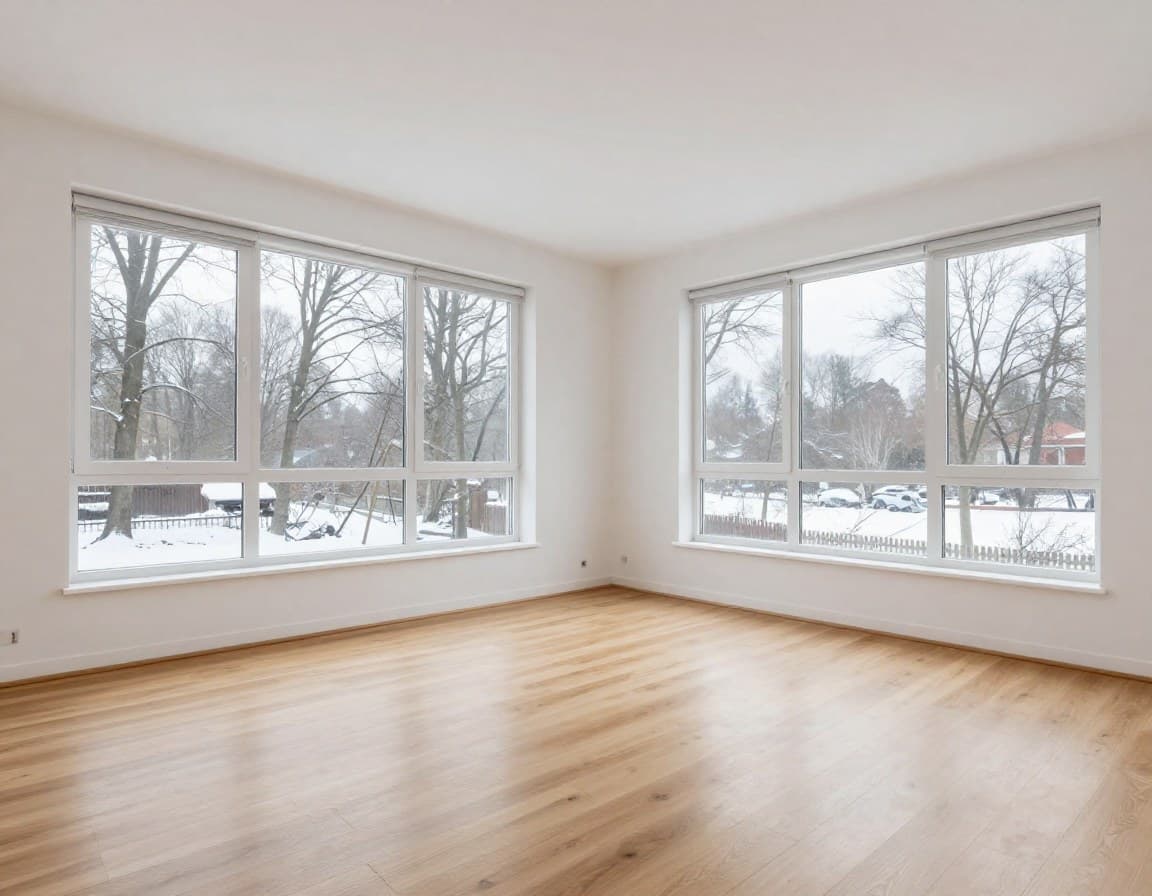 Leerer Raum im Winter mit grauem Licht durch die Fenster