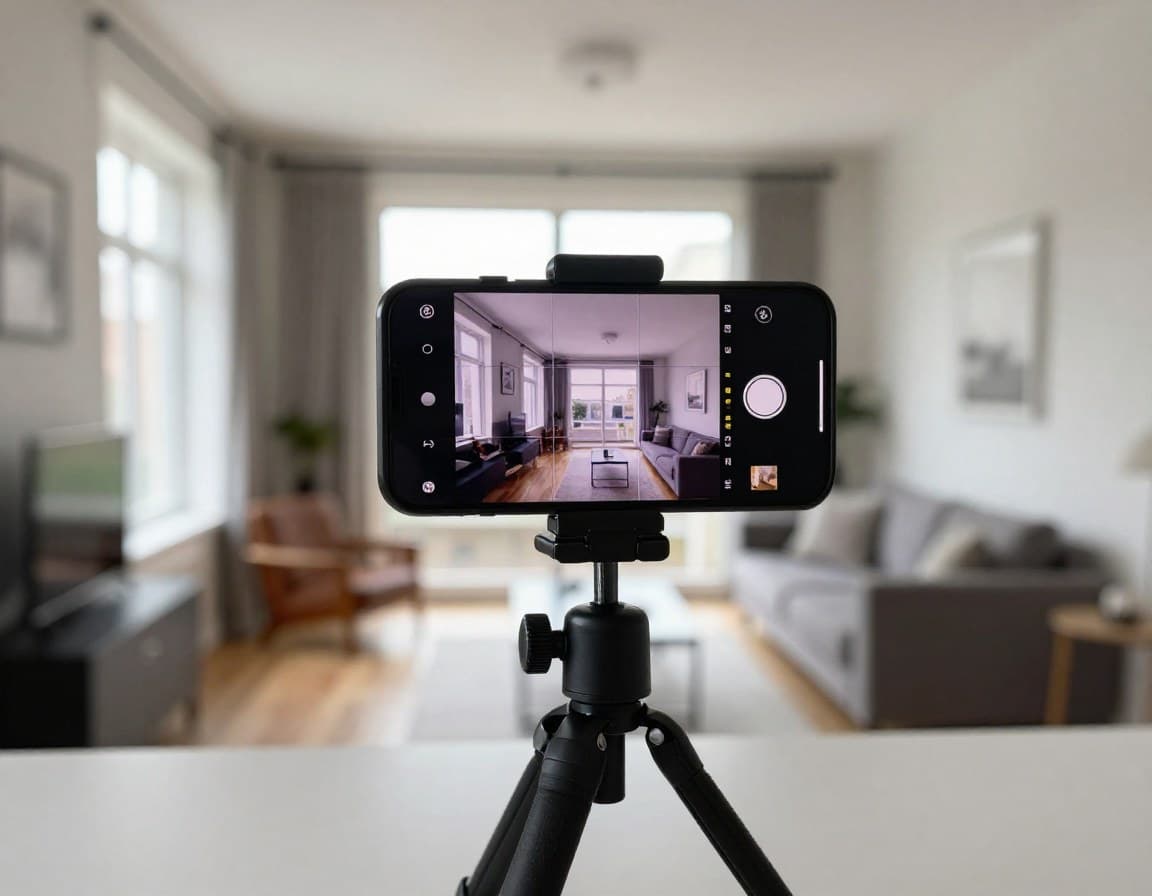 Immobilienfotografie mit Smartphone — Handy auf Stativ mit Wasserwaage und Gitterlinien für professionelle Immobilienfotos
