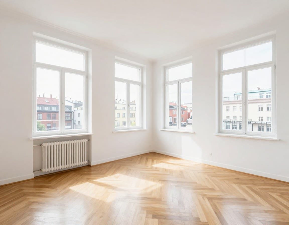 Immobilienfotos Tipps — helles Wohnzimmer mit natürlichem Tageslicht, Eckperspektive, europäische Stadtwohnung