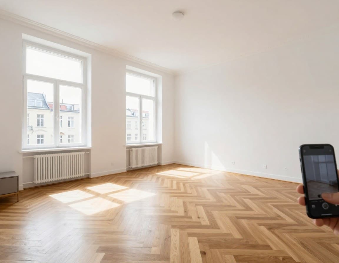 Immobilienfotos selber machen — helle europäische Altbauwohnung mit Smartphone fotografiert, natürliches Tageslicht