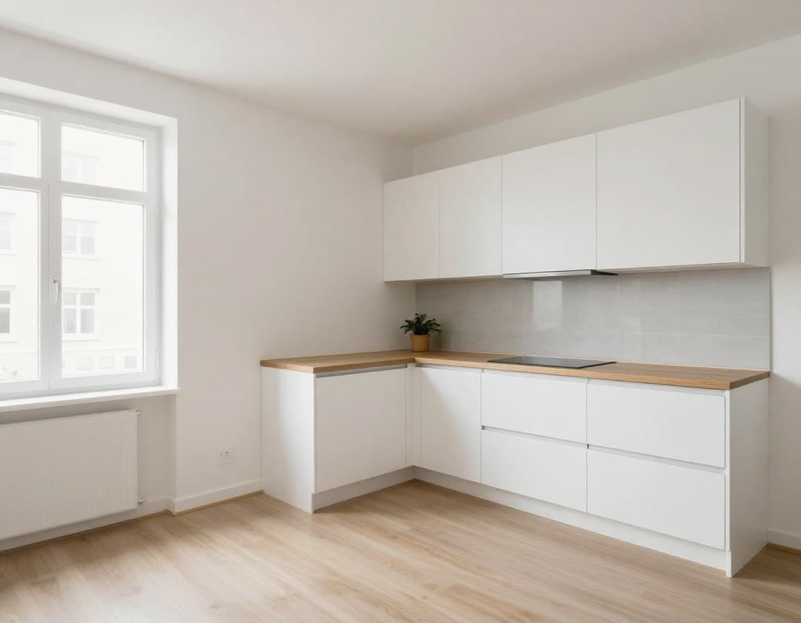 Immobilienfotos Perspektive — Aufnahme aus Raumecke bei 1,10 m Höhe, zwei Wände sichtbar, gerade vertikale Linien