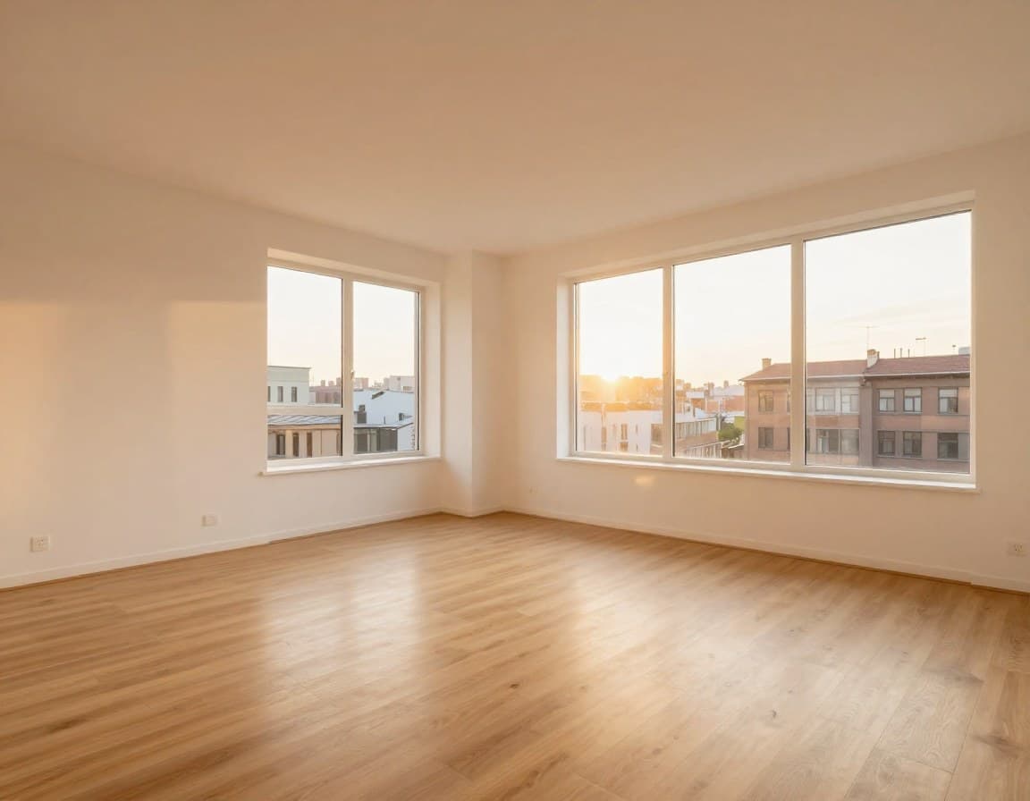 Leerer Raum zur goldenen Stunde fotografiert -- warmes Licht, einladende Atmosphaere trotz fehlender Moebel