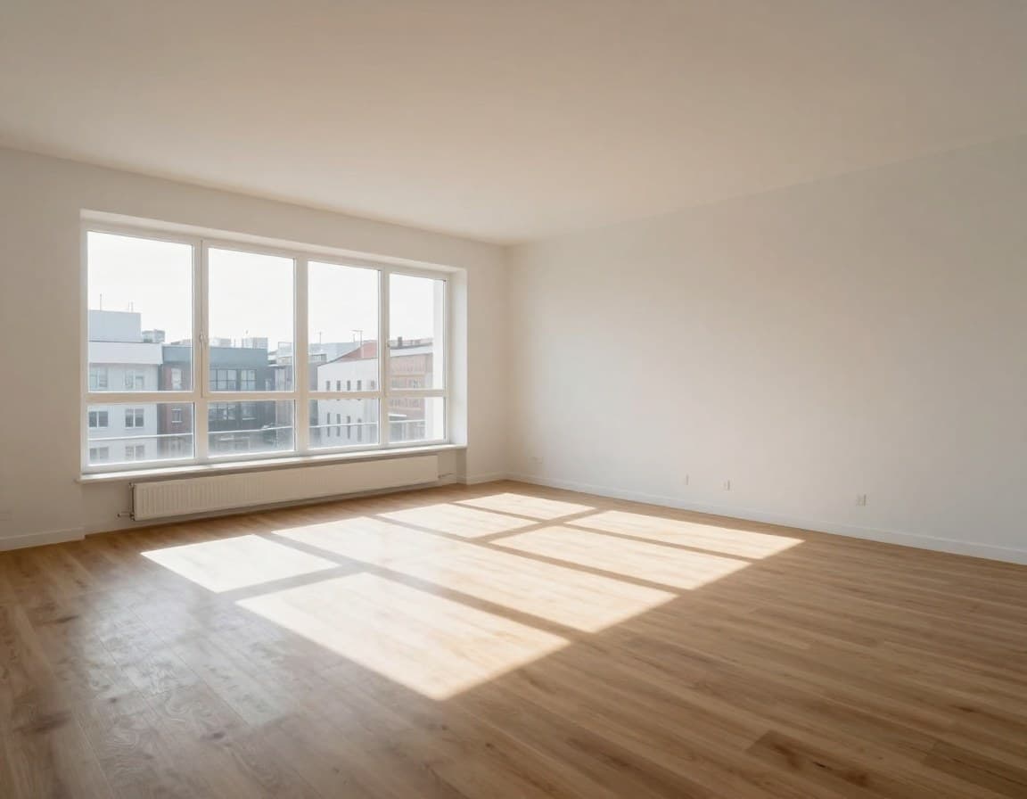 Leerer Raum mit hartem Mittagslicht -- kalt und abstoessend wirkend, typisches Beispiel fuer schlechte Immobilienfotos leerer Wohnungen