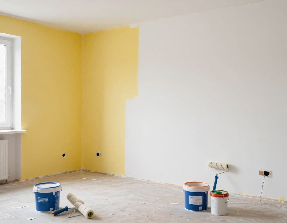 Renovierung einer Mietwohnung beim Mieterwechsel -- Malerarbeiten im Gange, halb gestrichene Wand