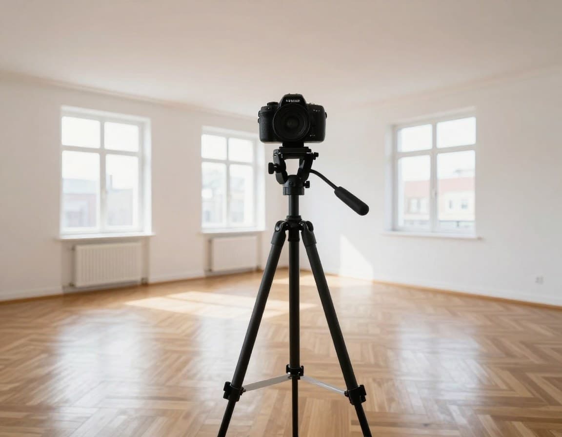 360-Grad-Kamera auf Stativ in einer leeren Wohnung für virtuelle Besichtigung