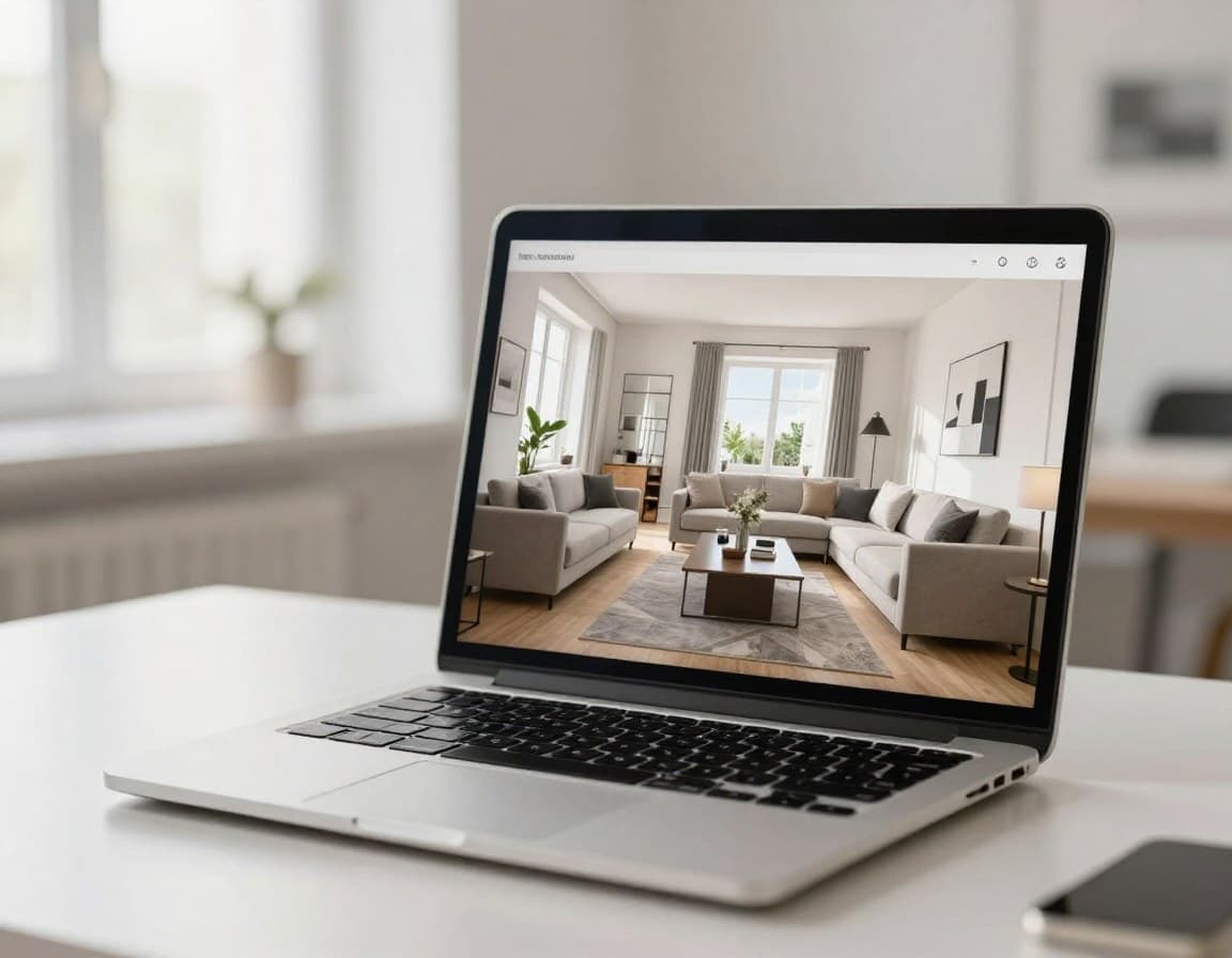 Laptop zeigt virtuelle Immobilienbesichtigung einer modernen Wohnung