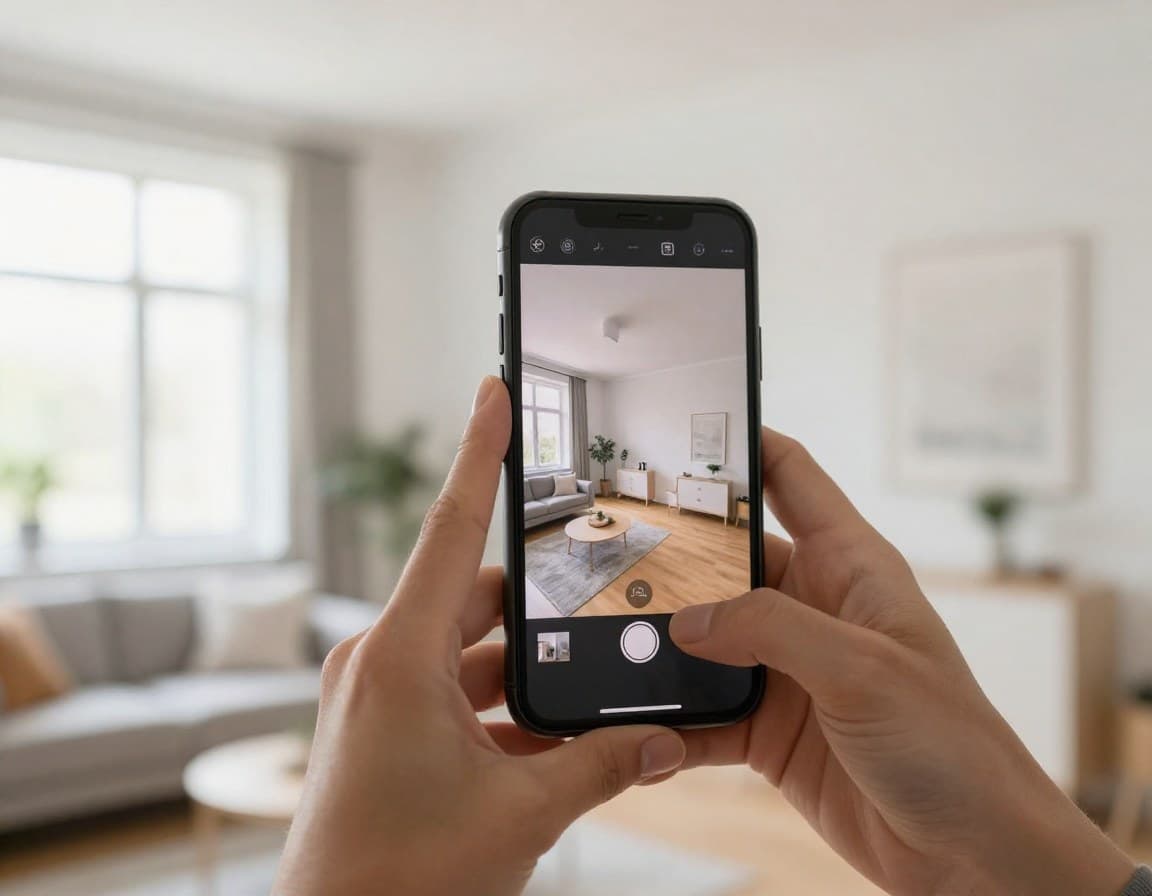 Smartphone zeigt virtuelle Immobilienbesichtigung in einer deutschen Wohnung