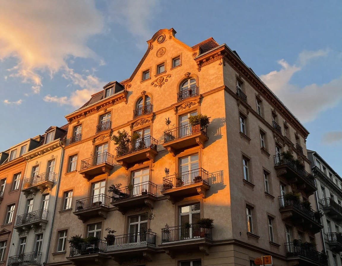 Wohnung fotografieren goldene Stunde — deutsche Altbaufassade im warmen Abendlicht