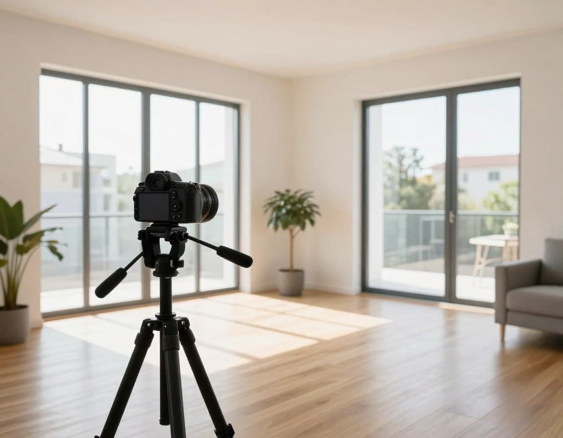Wohnung fotografieren Tipps — Kamera auf Stativ in einer europäischen Wohnung mit Tageslicht