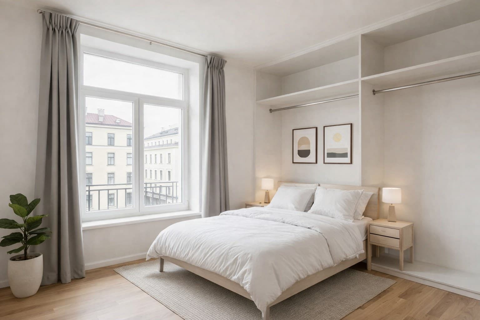 Virtuelles Staging Vorher-Nachher Vergleich — leeres Schlafzimmer wird durch virtuelles Staging zum einladenden Raum fuer schnelleren Wohnungsverkauf