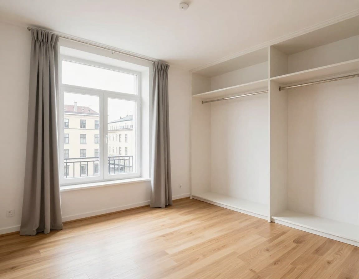 Virtuelles Staging Vorher-Nachher Vergleich — leeres Schlafzimmer wird durch virtuelles Staging zum einladenden Raum fuer schnelleren Wohnungsverkauf