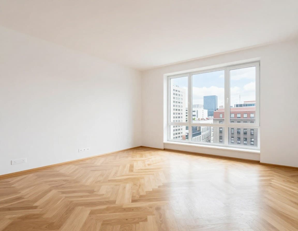 Leeres Wohnzimmer in deutscher Stadtwohnung — Wohnung schneller verkaufen durch professionelle Praesentation und virtuelles Staging