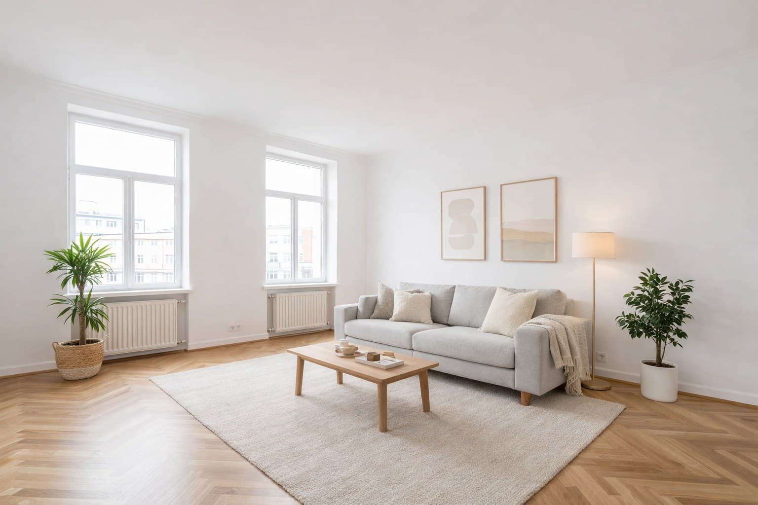 Virtuelles Staging einer leeren Wohnung — vorher leer, nachher eingerichtet mit Möbeln für bessere Vermarktung