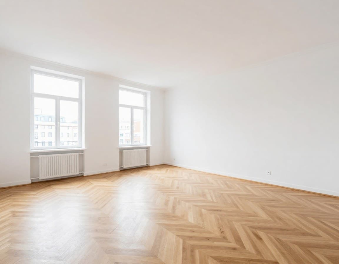 Virtuelles Staging einer leeren Wohnung — vorher leer, nachher eingerichtet mit Möbeln für bessere Vermarktung