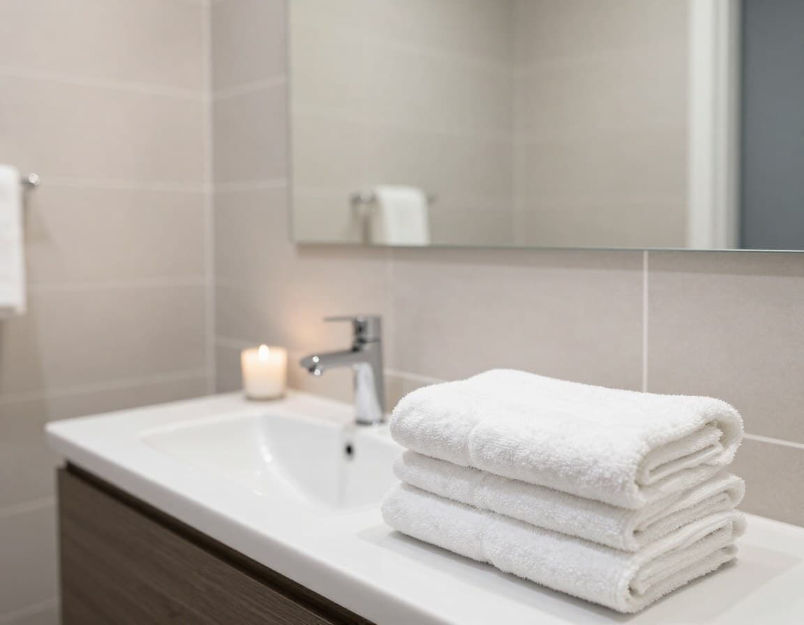Badezimmer im Hotelstil mit frischen weissen Handtuechern und Kerzen fuer Besichtigung vorbereitet