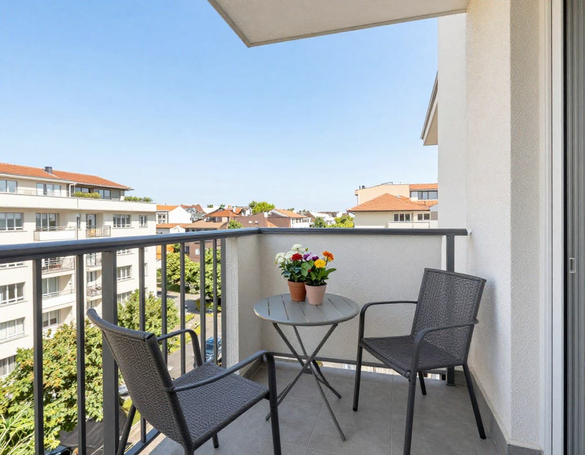 Inszenierter Balkon mit kleinem Tisch, Stuehlen und Blumentoepfen fuer die Wohnungsbesichtigung
