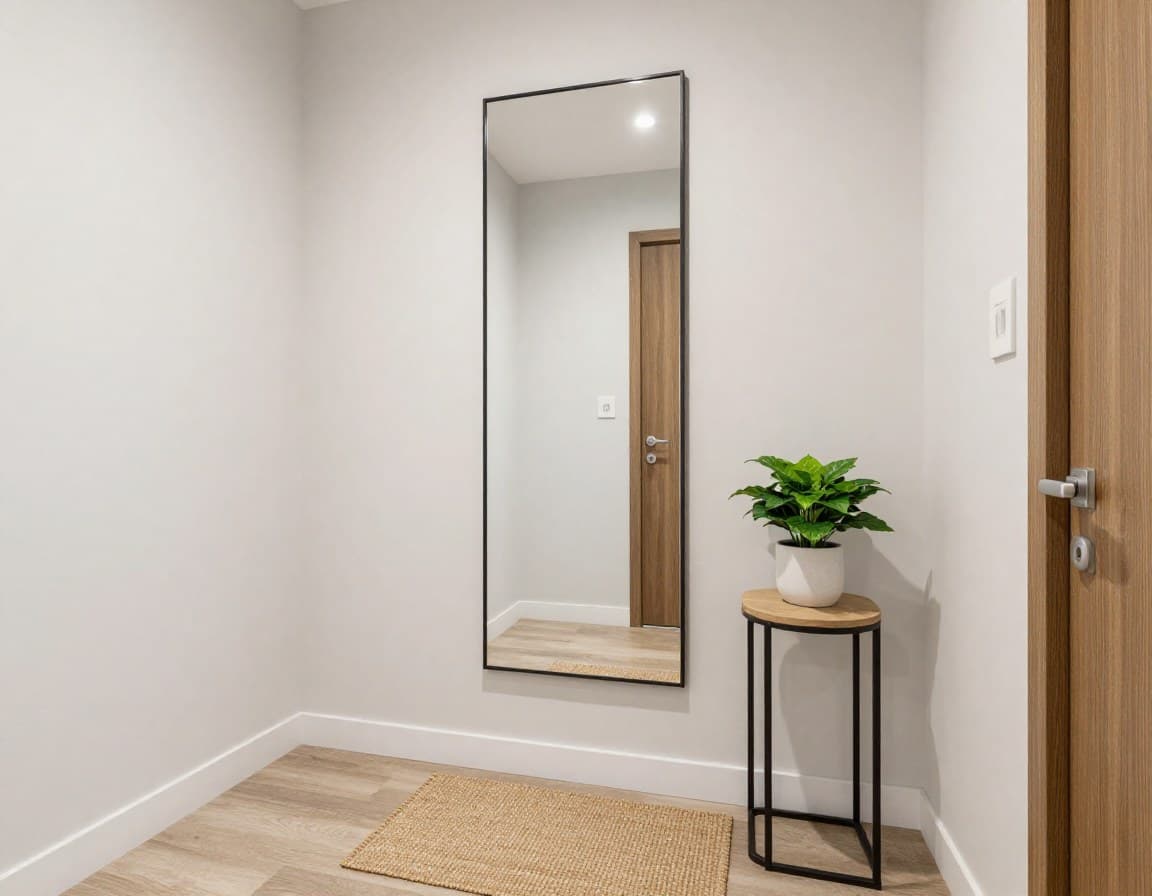 Eingangsbereich mit Spiegel und Pflanze fuer den Wohnungsverkauf hergerichtet