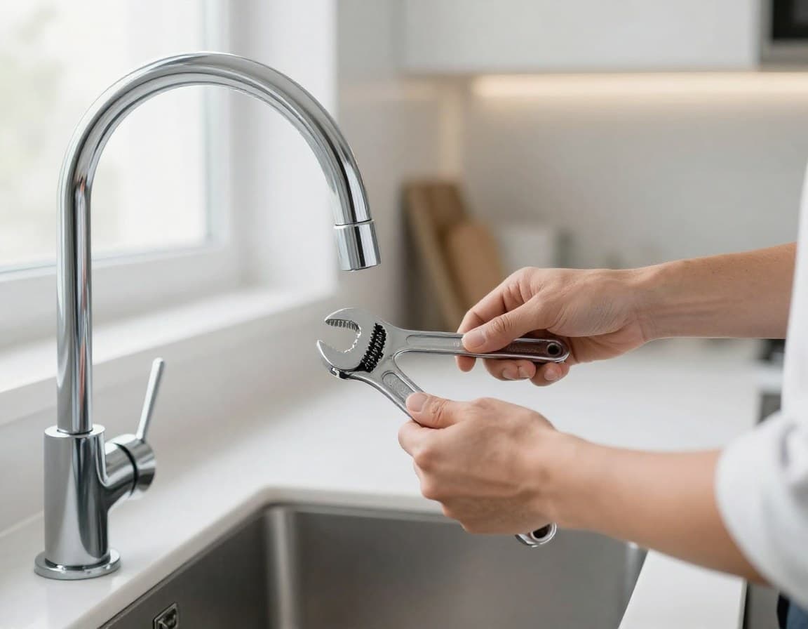 Wasserhahn-Reparatur in einer Kueche als Teil der Verkaufsvorbereitung einer Wohnung