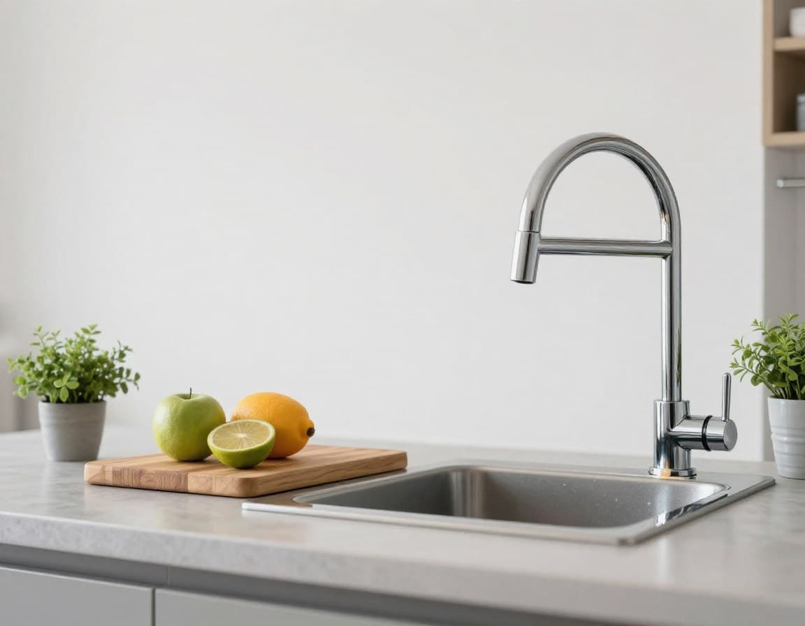 Sauber vorbereitete Kueche mit polierten Armaturen und frischen Kraeutern fuer den Wohnungsverkauf