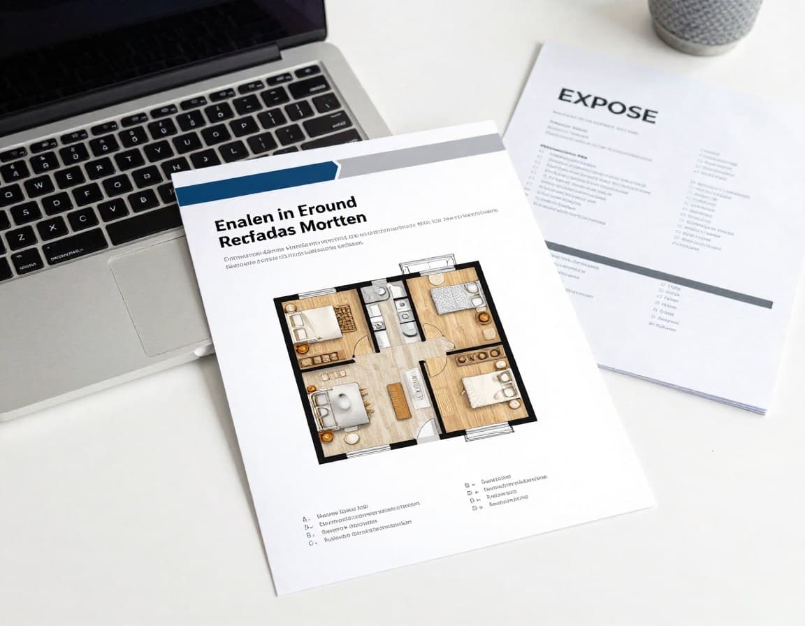 Professioneller Grundriss neben einem Immobilien-Exposé auf dem Schreibtisch