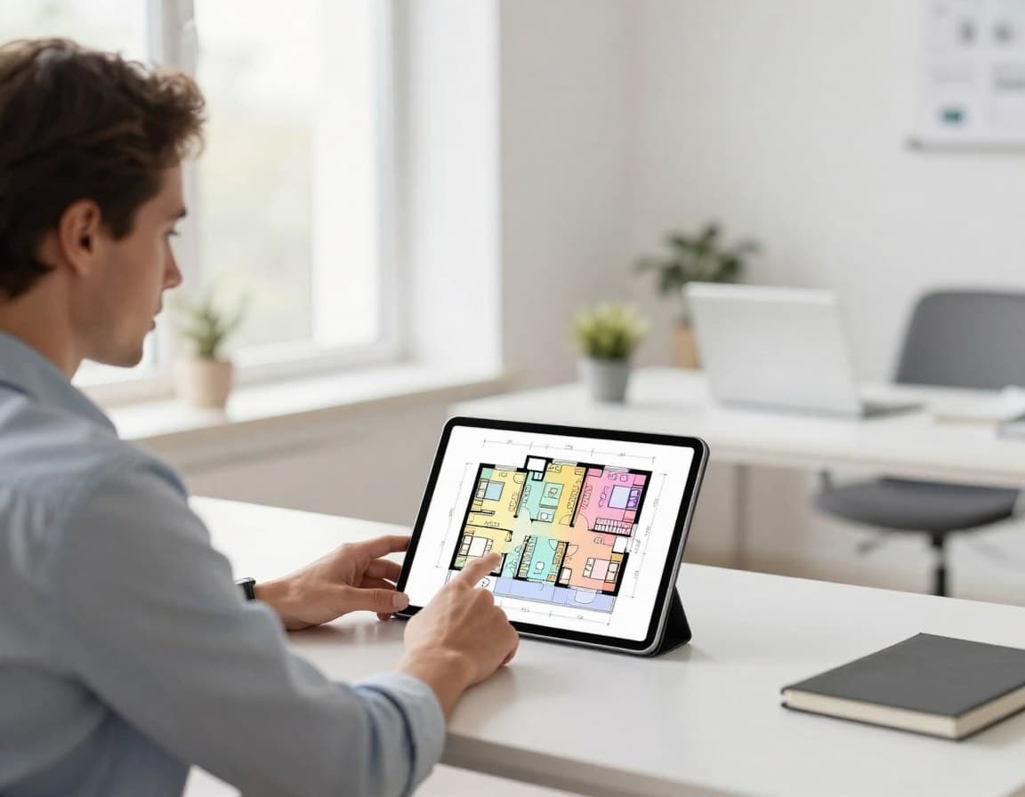 Immobilienmakler betrachtet einen digitalen Grundriss auf einem Tablet
