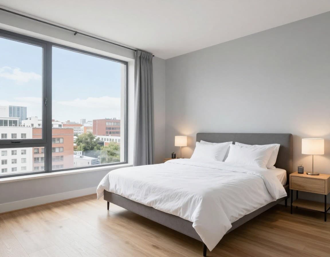 Virtuell gestagetes Schlafzimmer mit moderner Einrichtung