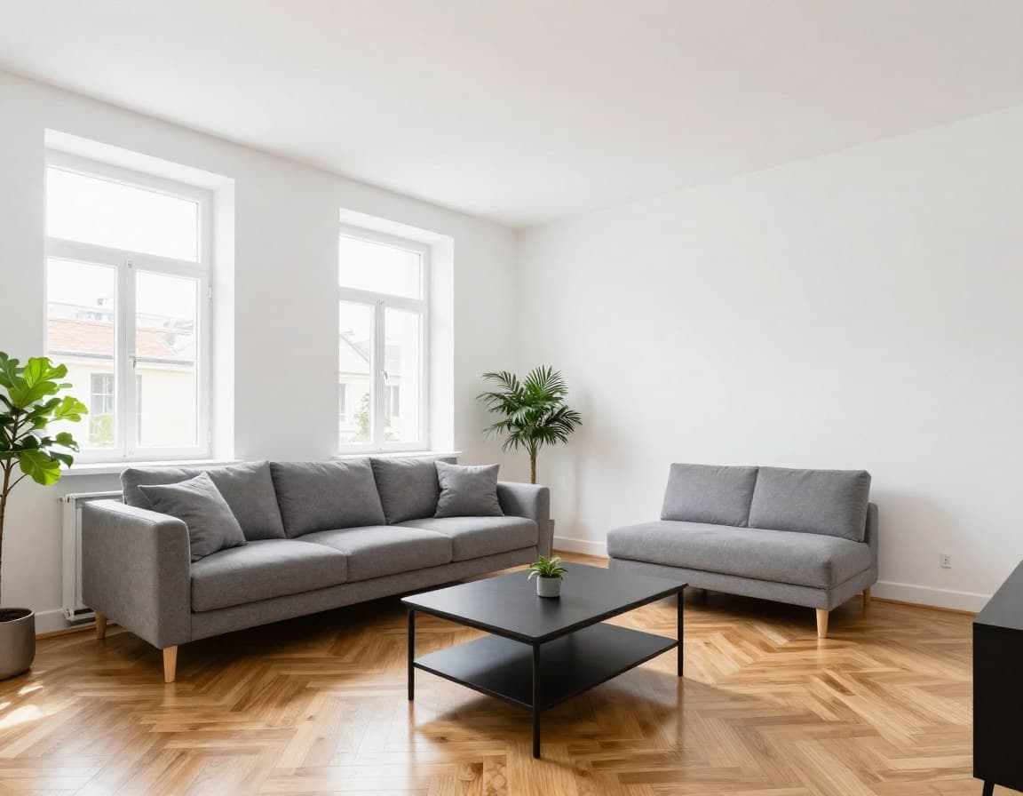 RealEstate AI Studio Alternative Vergleich — professionell gestagtes Wohnzimmer in europaeischer Stadtwohnung