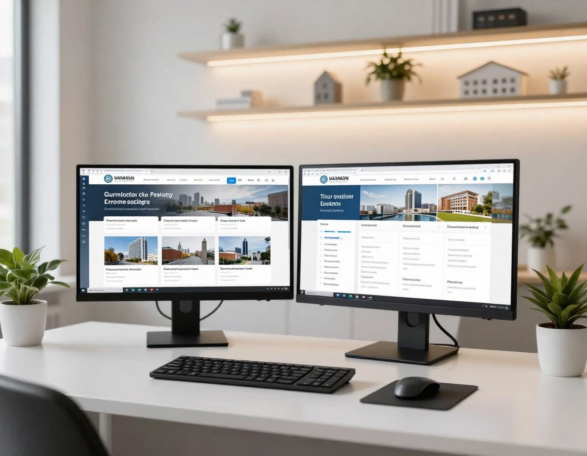 Modernes Maklerbüro mit Virtual Staging Software auf dem Monitor