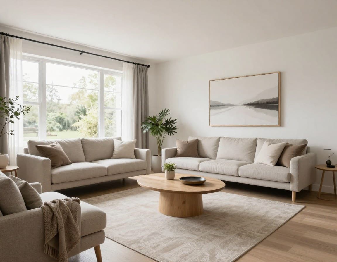 KI-gestaged Wohnzimmer im skandinavischen Stil: Staging Software Ergebnis