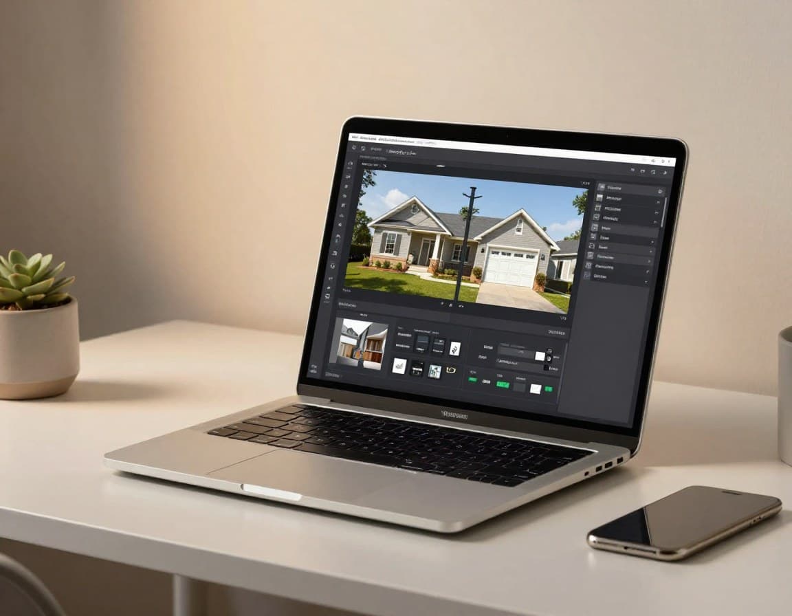 Laptop mit Staging Software Interface zeigt Vorher-Nachher-Vergleich einer Immobilie